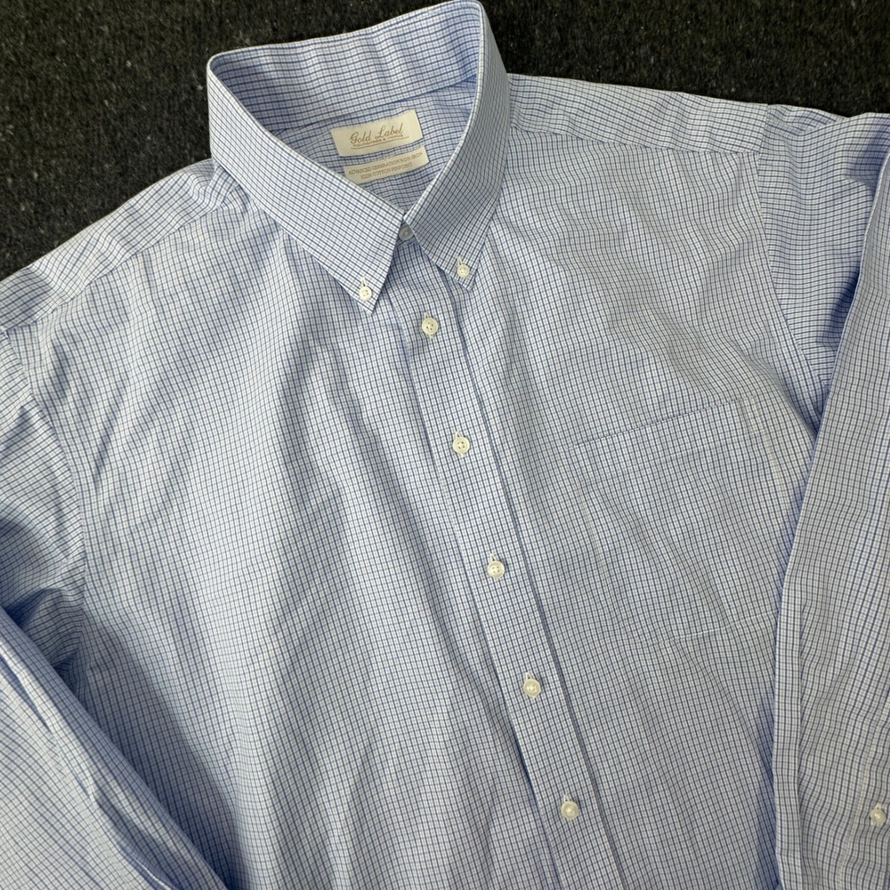 Roundtree & Yorke Button Down Mens 18.5 36/37 Blue Plaid Gold Label Non-Iron